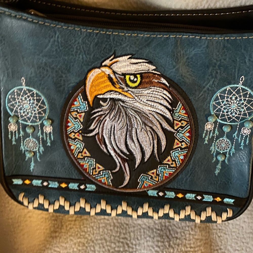 Embroidered Eagle Design Blue Shoulder Bag